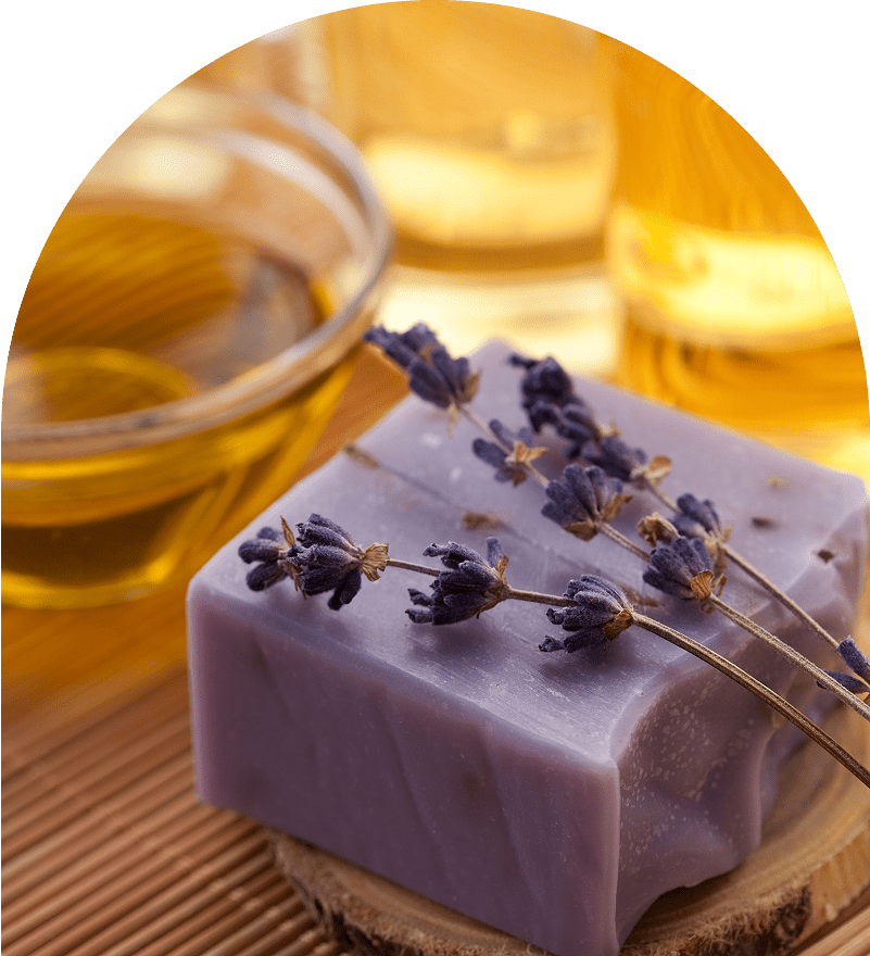 Lavender soap with essential oil and flowers.