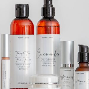 Skincare products with various bottles and jars.